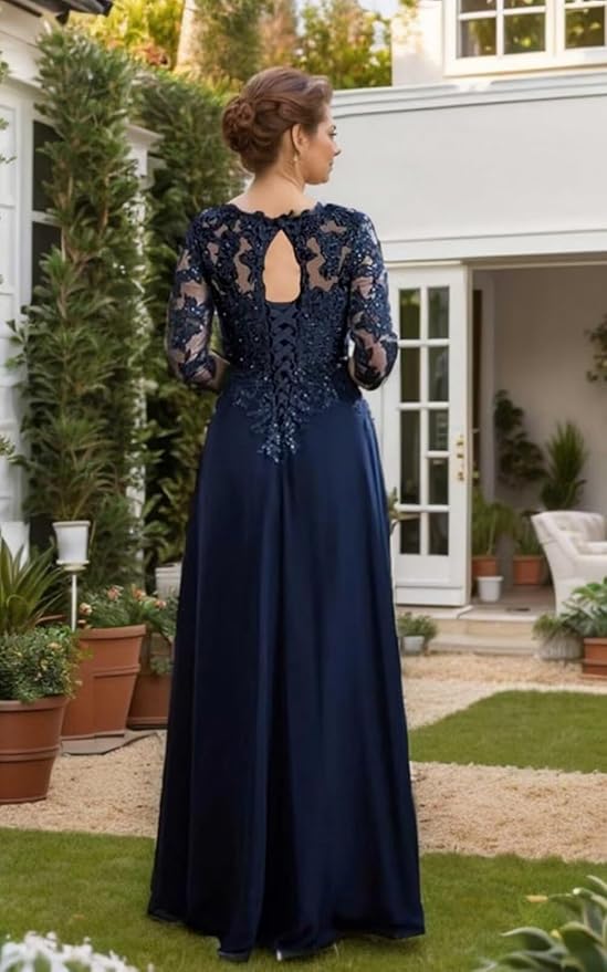 Long Sleeve Mother of The Bride Dress for Wedding Chiffon Lace Applique Formal Gowns BOF163