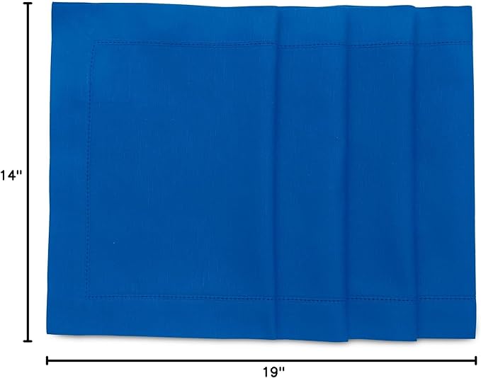 Solino Home Blue Placemats Set of 4 - Cotton Linen Hemstitch Placemats 14 x 19 Inch