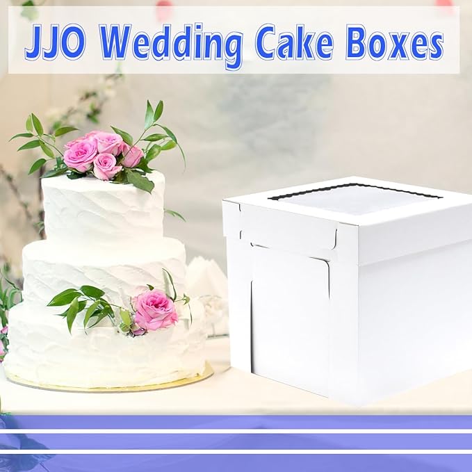 JJO Tall Cake Boxes for Tier Cakes, 14x14x12 Inches 4 Pack,White Bakery Boxes with Window,Disposable Cake Containers, Sturdy Wedding Tall Cake Carrier, Layer Cake Carrier