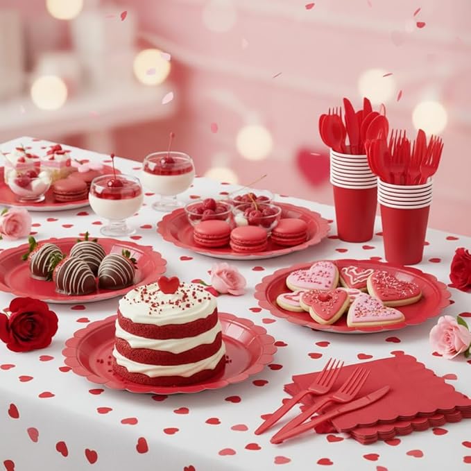 175 Pcs Red Plates and Napkins, 25 Guest Red Valentines Plates Set Include Paper Plate and Napkins Cups Plastic Spoons Forks Knives for Birthday, Picnic, Graduation