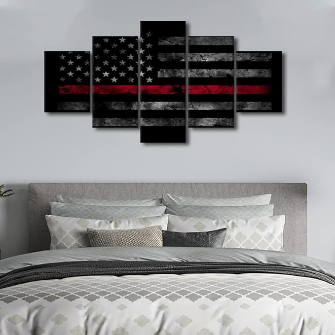 5 Pieces Retro American Flag Wall Art Black White and Red US Flag Painting Prints Artwork Modern Home Decor Canvas Wall Art for Home and Office Wooden Decoration Framed Ready to Hang 60x32 in