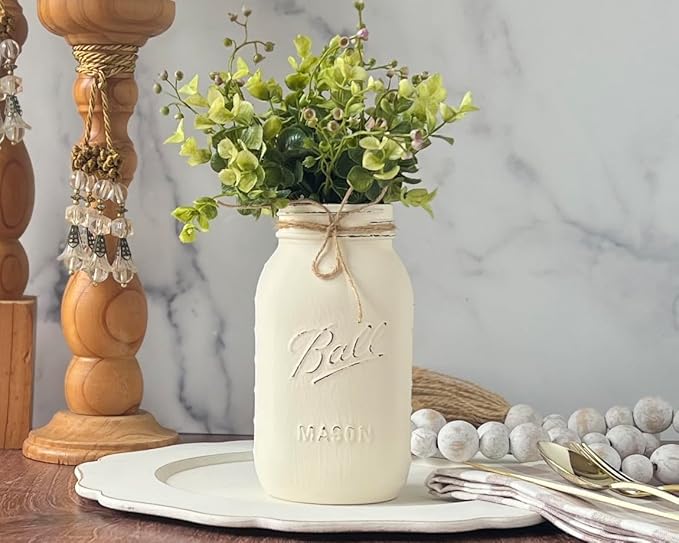Centerpieces for Bridal Shower - Ivory Mason Jars Centerpieces for Tables, Set of 5-32 oz Hand-Painted Mason Jars for Wedding Centerpieces - Rustic Bridal Shower Centerpieces (5 Ivory w/Greenery)