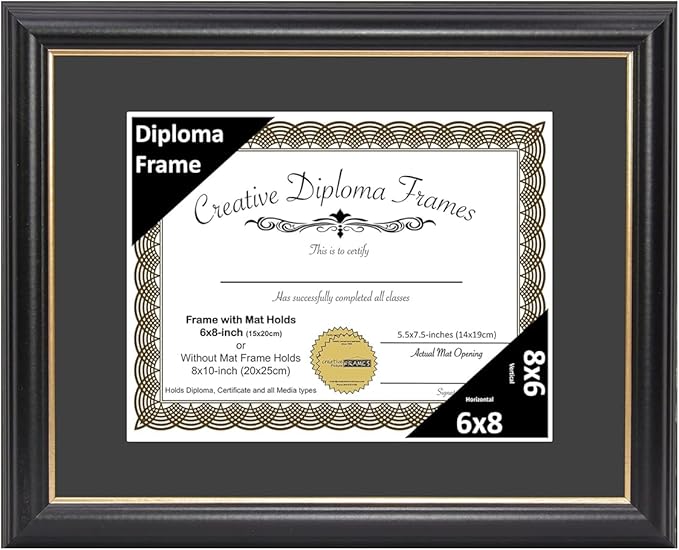 Creative Picture Frames 6" x 8" Rockefeller Black with Gold Rim Diploma Frame, Displays 6" x 8" Certificate or 8" x 10" Document without Mat, College Degree Frame, Full-Strength Glass, Black Mat