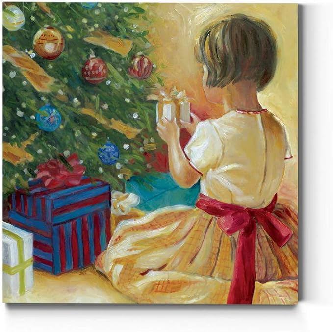Renditions Gallery Christmas Morning Wall Art, Little Girl with Gift by Christmas Tree, Winter Artwork, Yellow & Red, Premium Gallery Wrapped Canvas, Ready to Hang, 24 in H x 24 in W, Made in America