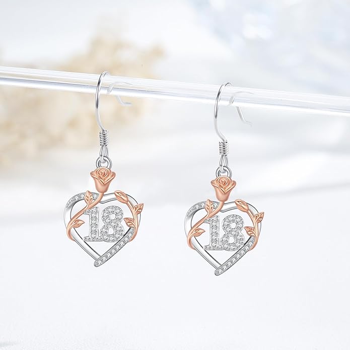 15th/ 16th/ 18th/ 50th/ 60th/ 80th Birthday Gifts for Women Daughter 925 Sterling Silver Love Heart Rose Flower Drop & Dangle Earrings Birthday Mothers Day Christmas Anniversary Graduation Jewelry