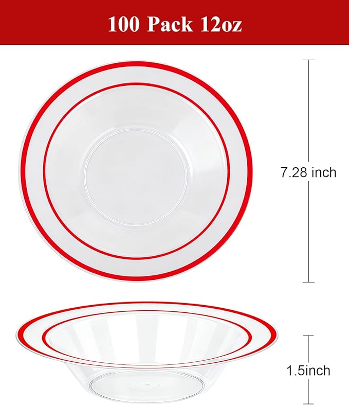 BESTSTAR 100 Pack clear Plastic Bowls with Red Rim, 12oz Disposable Soup Bowls, Heavy Duty Dessert Bowls for Christmas, Parties, Dinners, Catering, Thanksgiving