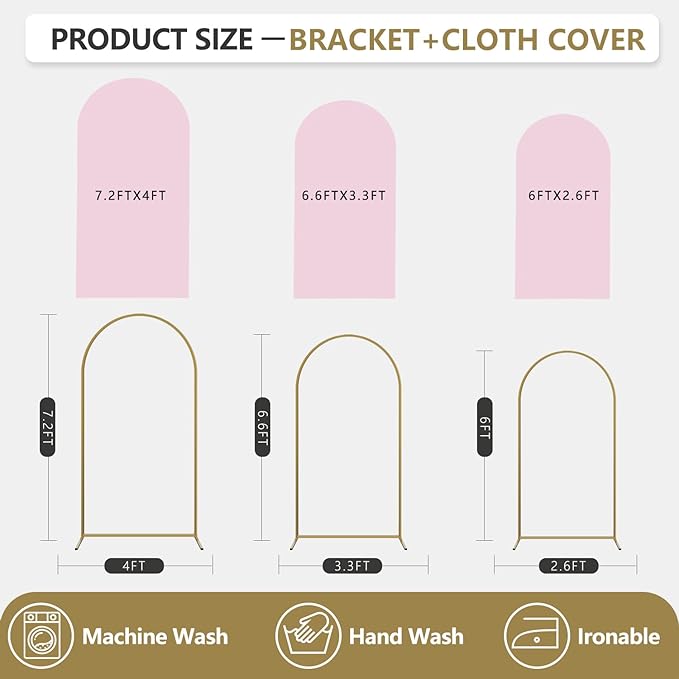 Arch Backdrop Stand and Cover Set, 3 Metal Balloon Arch Backdrop 7.2ft 6.6ft 6ft, Gold Arched Stand Frame for Wedding, Parties,Birthday, Backdrop Decorations (Pale Pink,7.2ft+6.6ft+6ft)