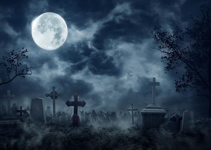 BELECO 15x8ft Fabric Halloween Cemetery Zombies Photography Backdrop Scary Graveyard Spooky Dark Night Full Moon Background Zombie Party Decorations Horror Hallowmas Kids Adults Photo Booth Props