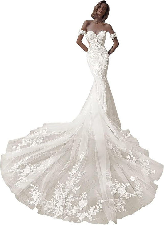 Zeeyecie Mermaid Tulle Wedding Dresses Lace Applique Corset V-Neck Sparkly Bridal Gowns with Train for Brides