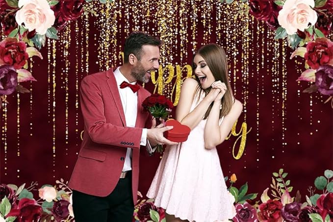 8x6ft Happy Anniversary Backdrop, Gold Glitter Burgundy Wedding Anniversary Photography Background 1st 40th 50th 64th Couple Wedding Women Birthday Floral Party Decorations Cake Table Decor