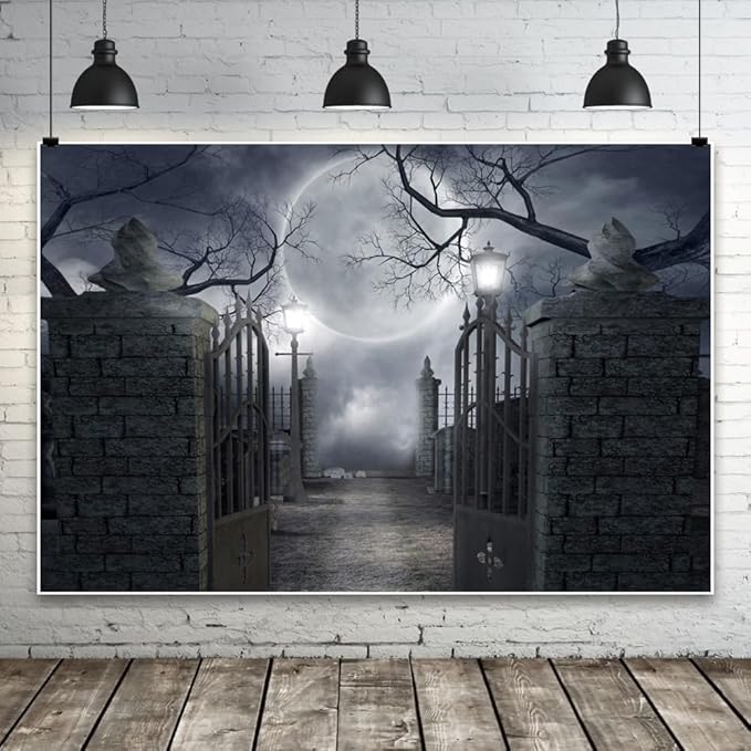 Halloween Night Backdrop Full Moon Cemetery Horrible Gloomy Forest Background Banner Spooky Theme Party Studio Photography Decoration Backdrops 10x7FT Wallpaper