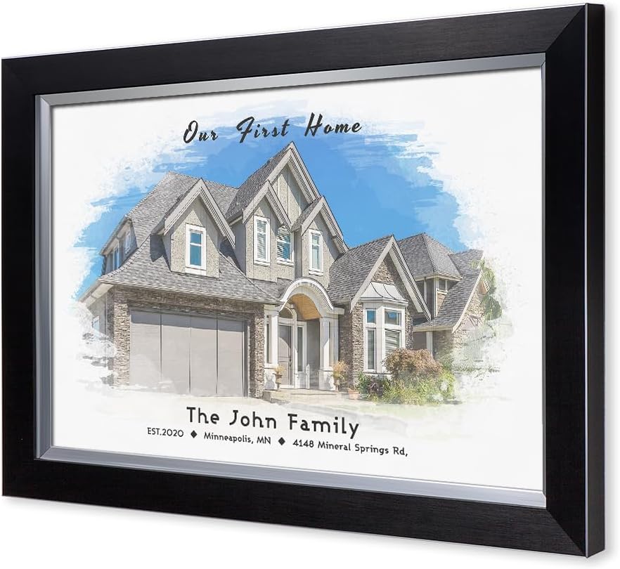 IPIC - Custom Watercolor House Portrait.Personalized Artwork with Names and Date on, Customized Gift for Anniversary,Wedding,Birthday and Holidays.Picture size: 24x16, Framed Size: 27x19