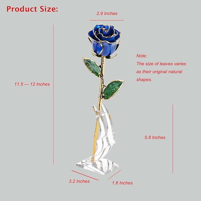 24K Gold Rose, Dipped Rose is Attractive Luster and Natural Shape, Best Gifts for Anniversary Wedding Valentines Day (Blue Original Rose with Stand)