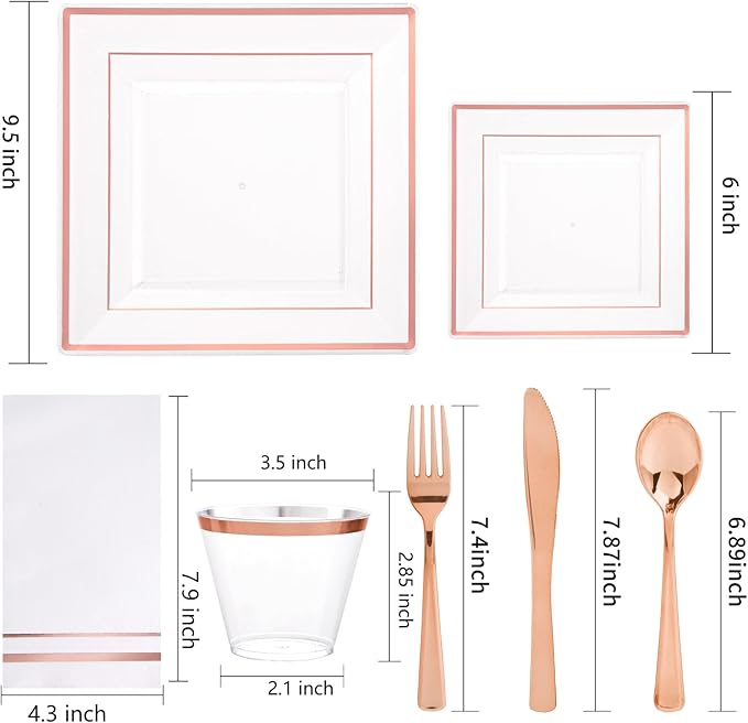 Festiva 350Pcs Rose Gold Plastic Plates - Clear Rose Gold Disposable Dinnerware Sets for 50Guests include 100 Plates 50 Cups 50Plastic Cutlery 50Napkins for Party&Wedding& Valentine's Day