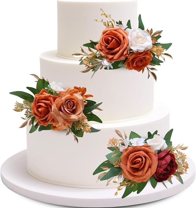 Marriwise 3Pcs Pre-made Cake Toppers Flowers, Burnt Orange Wedding Cake Decoration,Artificial Flowers Decor for Wedding Ceremony Anniversary,Birthday Party,Fall Vintage (Burnt Orange)