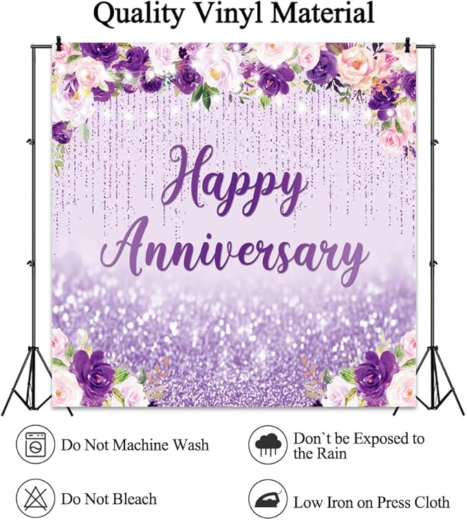 8x8ft Happy Anniversary Backdrop, Floral Glitter Backdrop for Women Wedding Anniversary Decoration Violet and Pink Flowers Photography Background Cake Table Banner Party Decor