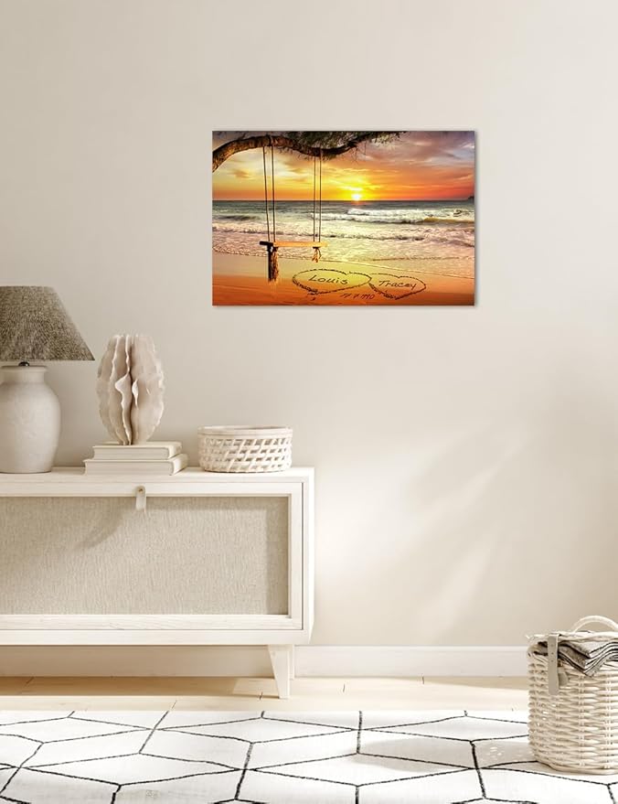 IPIC - "Eternal Love Personalized Canvas Wall Art, Custom Beach Sunset Scene with Names and Date in Sand, A Personalized Gift for Couple, Wedding, or Anniversary, Coastal Home Decor