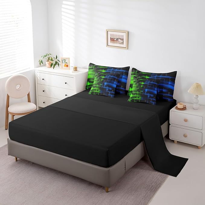 Feelyou Green Blue Bedding Set Full Size Boys Girls Geometric Strip Lines Comforter Set with Sheets 7 Piece for Bed in a Bag Abstract Modern Bed Set with Comforter,Sheets,Pillowcases