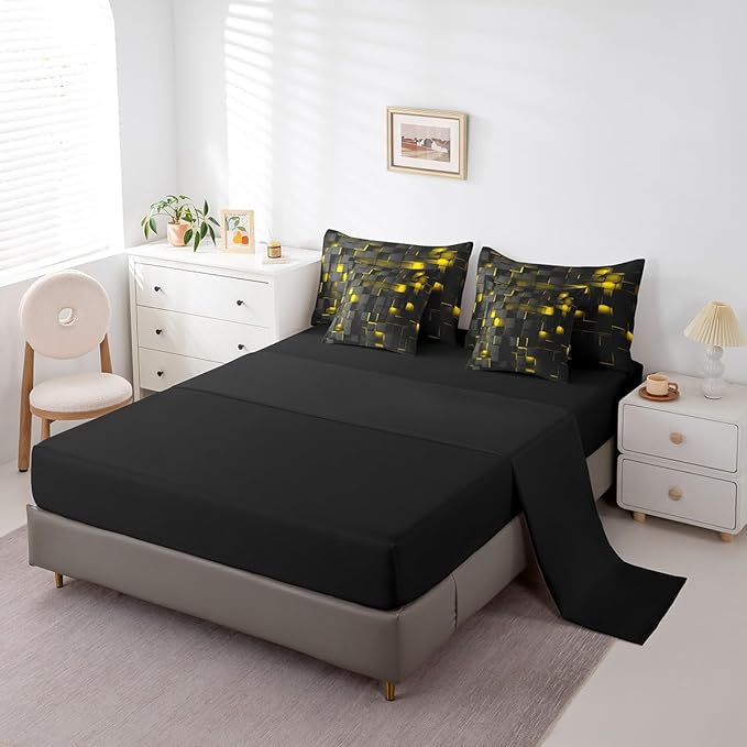 Feelyou Yellow and Black Bedding Set Full Size Kids Light Geometric Comforter Set with Sheets 7 Piece Bed in a Bag forModern Bed Set with Comforter,Sheets,Pillowcases,Cushion Covers