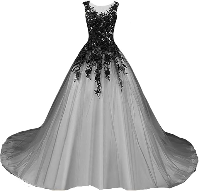 Kivary Gothic Gray Tulle Long Black Lace Sheer Bateau Prom Wedding Dresses