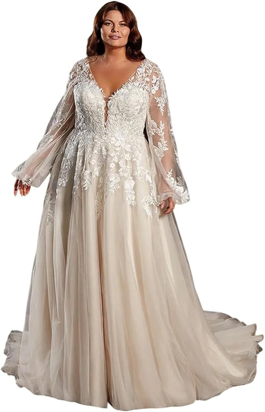 Plus Size Wedding Dresses for Bride Long Sleeve Wedding Bridal Gowns with Lace Appliques Off Shoulder Bride Dress