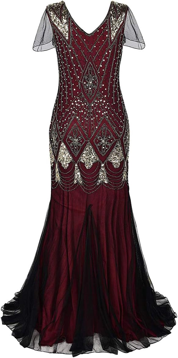 Women Vintage 1920s Gatsby Flapper Evening Party Dress V Neck Art Deco Sequins Mermaid Hem Cocktail Formal Long Maxi Gown