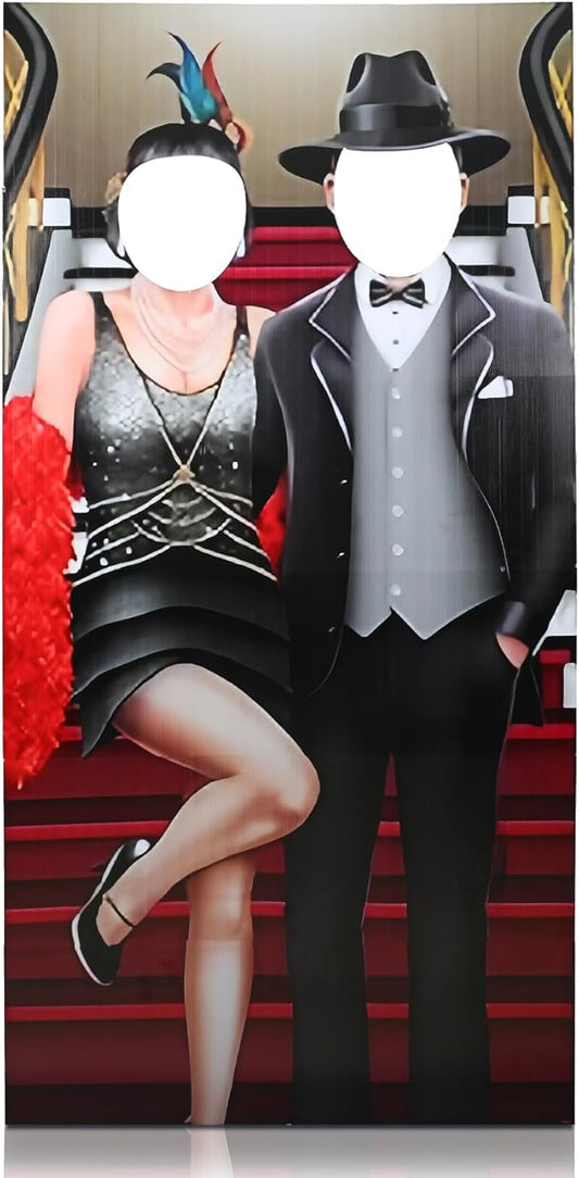 Amyhill 6 ft Roaring 20s Flapper and Gentleman Couple Cardboard Cutout Stand up Retro Faceless Life Size Photo Prop Vintage Dance Couple Backdrop for Dance Theme Jazz Night Party Decoration