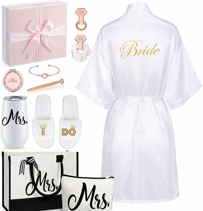 Berlune 14 Pcs Bride Gifts Box Sets Include Short Satin Robes Canvas Tote Bag Stainless Steel Glasses Slippers Wedding Gifts