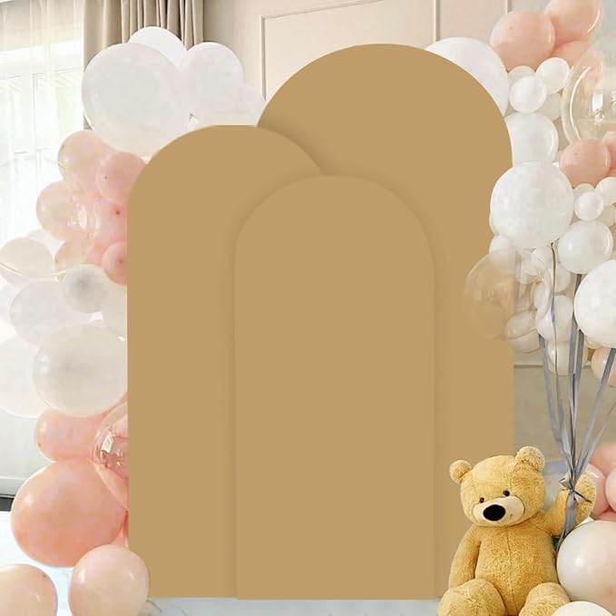 Arch Backdrop Stand and Cover Set 6FT, 6.6FT, 7.2FT Metal, Brown Spandex Arch Backdrop Cover for Wedding, Baby Shower, Banquet Decorations