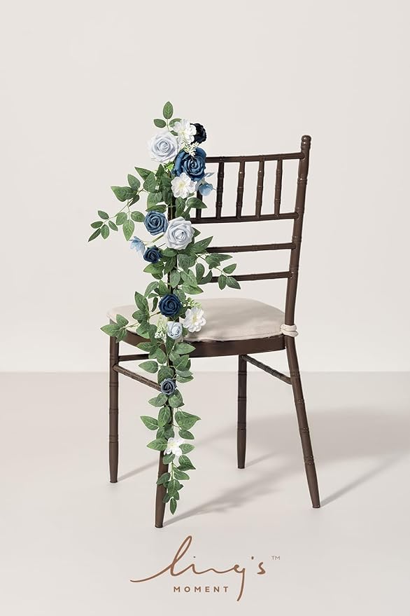 Ling's moment 10pcs Wedding Chair Decorations Aisle Floral Swag Artificial Pew Flowers Hanging Garland Dusty Blue & Navy for Ceremony Reception Church Rose Floral Faux Arrangement Party Outdoor Decor