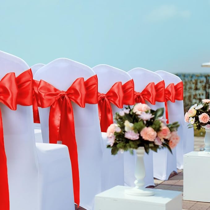 Babenest Satin Chair Sashes Ties Upgraded 50 pcs Chair Ribbons Bows for Wedding Banquet Party Christmas Baby Shower Events Decoration (Red)