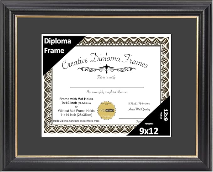 Creative Picture Frames 9" x 12" Rockefeller Black with Gold Rim Diploma Frame, Displays 9" x 12" Certificate or 11" x 14" Document without Mat, College Degree Frame, Full-Strength Glass, Black Mat