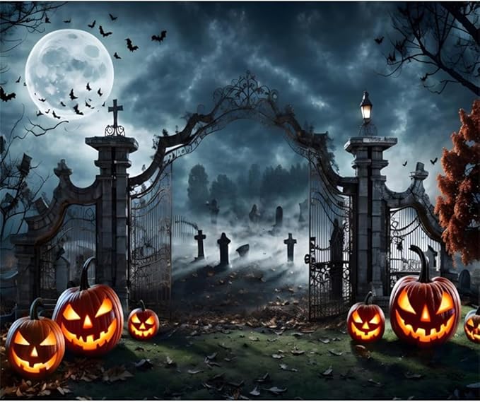 Halloween Night Cemetery Gate Jack O'Lantern Graveyard Full Moon Bats Backdrop for Trick or Treat Party Decorations Photography Background Studio Props 20x10ft(600x300cm)