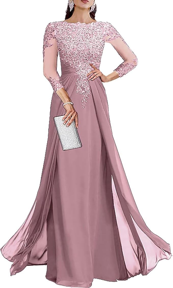 Long Sleeve Mother of The Bride Dresses for Wedding Lace Appliques Chiffon Formal Dress He6052