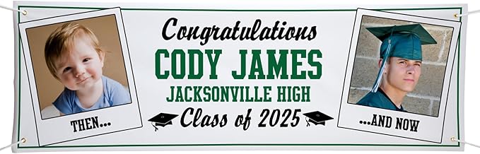 Let's Make Memories Personalized 10ft Graduation Banner - Graduation Party Decorations - Customized Congratulations Banner - Class of 2025 - Indoor/Outdoor Vinyl - How Time Flies - Green - 10 ft
