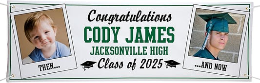 Let's Make Memories Personalized 10ft Graduation Banner - Graduation Party Decorations - Customized Congratulations Banner - Class of 2025 - Indoor/Outdoor Vinyl - How Time Flies - Green - 10 ft