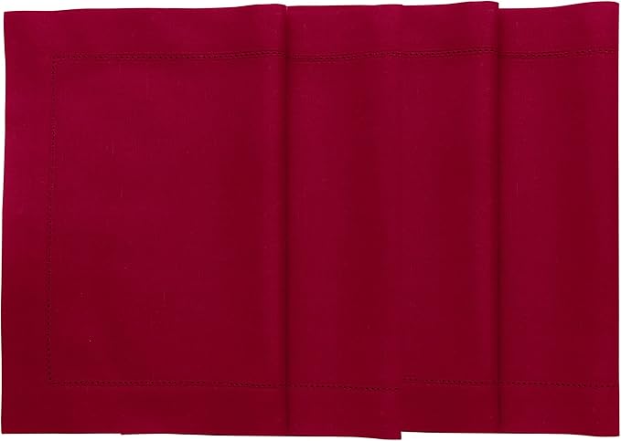 Solino Home Red Placemats Set of 4 - Cotton Linen Hemstitch Placemats 14 x 19 Inch for Winter, Valentines