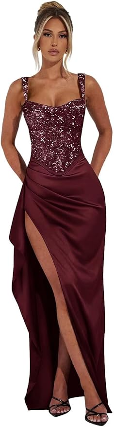 Basgute Sparkly Sequin Prom Dresses for Women 2026 Mermaid Corset Long Slit Ball Gown Formal Evening Party Dress