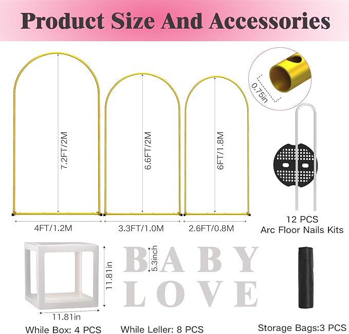 Metal Arch Backdrop Stand ,Set of 3 (7.2 ft/6.6 ft/6 ft) Square Wedding Arch Frame ，Gold Balloon Arch Stand for Wedding/ Birthday Party/ Baby Shower/ Graduation Ceremony Banquet Decoration