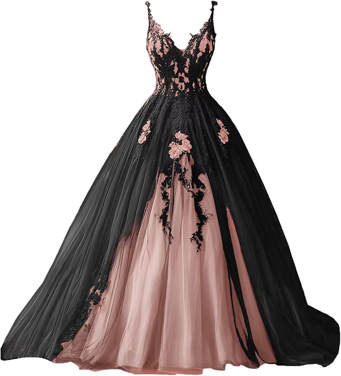 TRHTX Spaghetti Straps Wedding Dresses for Bride Layered Tulle Gothic Black Bridal Gowns Lace Applique Wedding Gowns