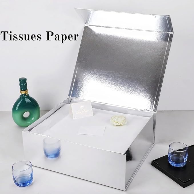 UoeRing 1 Extra Large Silver Gift Box 20x16x7 inch Luxury Gift Box for Presents with Magnetic Closure Lid Collapsible,Birthday,Christmas,Contains Card, Ribbon,Tissue Paper,Shredded Paper Filler