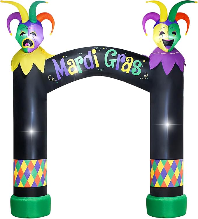 10FT Mardi Gras Inflatable Arch with LED Lights - Halloween Blow Up Outdoor Decoration, Jester Mask Archway for Party/Yard/Garden/Lawn, Built-in Sandbags & Easy Set up