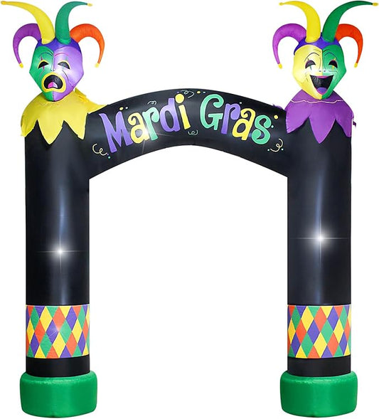 10FT Mardi Gras Inflatable Arch with LED Lights - Halloween Blow Up Outdoor Decoration, Jester Mask Archway for Party/Yard/Garden/Lawn, Built-in Sandbags & Easy Set up