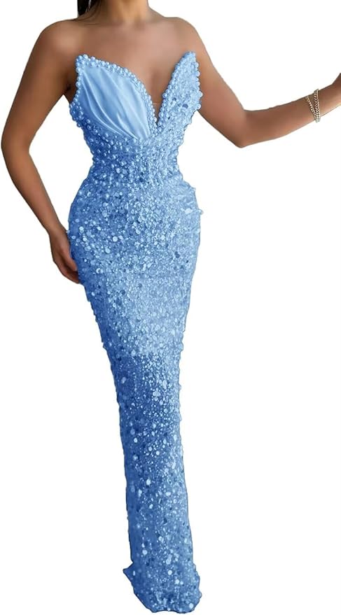 Sparkly Sequin Mermaid Prom Dresses Long V Neck Satin Beaded Pleated Tight High Waist Formal Dresses Evening Party Gowns