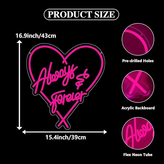 Always Forever Neon Sign, Large Wedding LED Neon Light Signs for Bachelorette Bridal Engagement Party Decoration Bridal Shower Wall Decor Valentine's Day Night Light Dimmable USB Powered(16.9"*15.4")