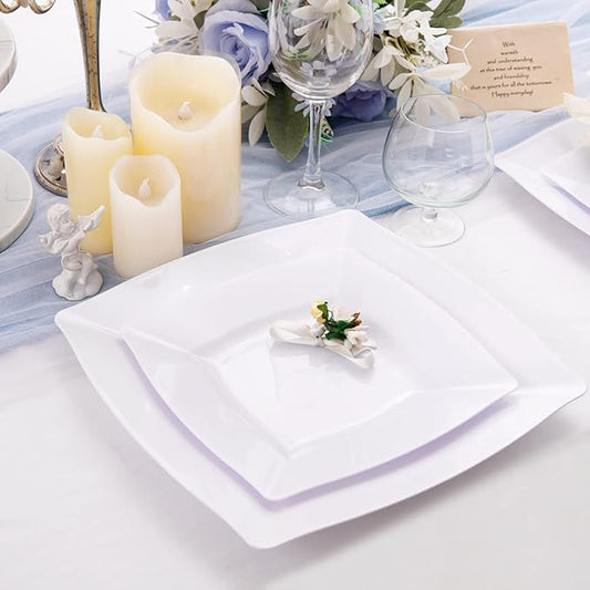 Morejoy 60 Pcs White Square Plastic Plates - White Disposable Dinner Plates 10.5" - Premium Appetizer Plate - Dessert/Salad Plate 9“ for Wedding & Birthday & Party