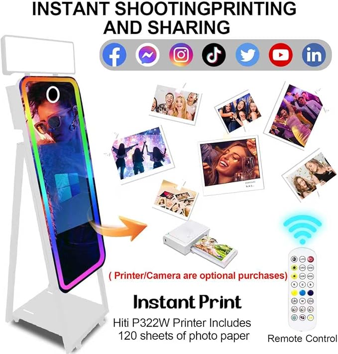 Magic Mirror Photo Booth,Mirror Photo Booth Interactive Touch Screen with Flight Case, Built-in Mini PC with Instant Print and Sharing for Event Party Wedding Rental (White, 21.5''Screen+Printer)