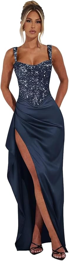 Basgute Sparkly Sequin Prom Dresses for Women 2026 Mermaid Corset Long Slit Ball Gown Formal Evening Party Dress
