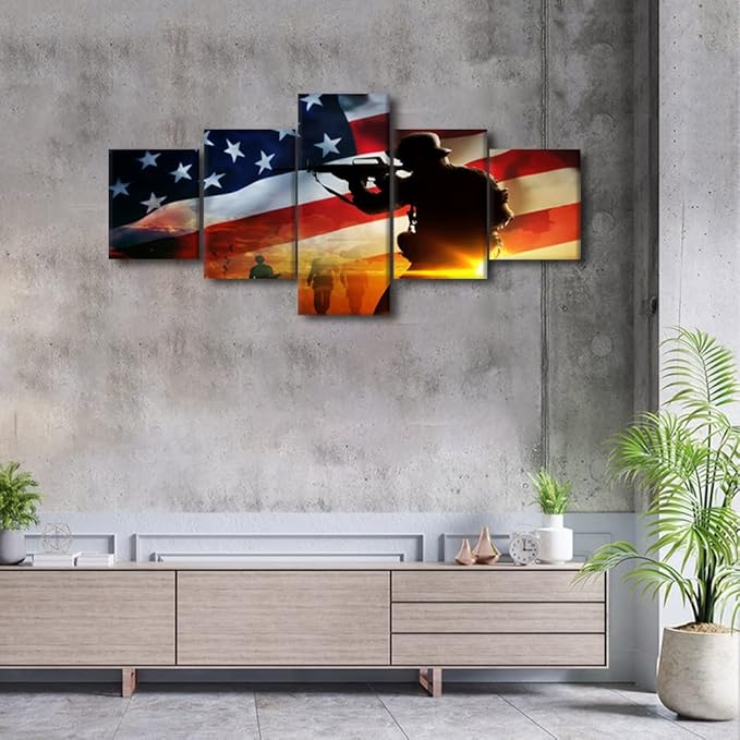 American Flag Wall Art American Soldier with Gun Military Family Canvas Wall Art Canvas Prints Gallery Wrap Modern Home Decor Artwork 5 Panels for Home and Office Framed Ready to Hang 50"Wx24"H