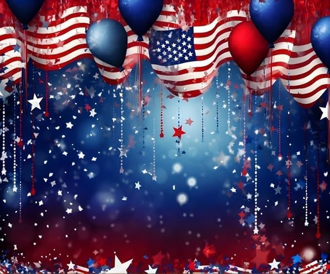 4th of July Backdrop Patriotic Backdrop American Flag Independence Day Veteran Day Banner Favors Red White Blue Stars Balloons Bokeh Photo Background Studio Props 9x6ft